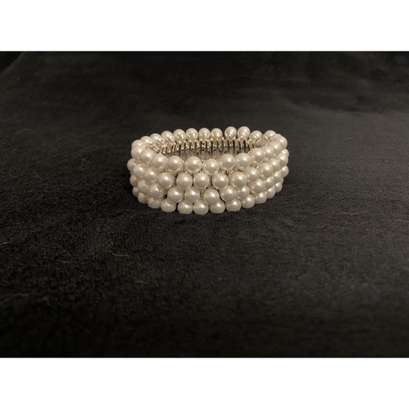 Faux Pearl Bracelet Chunky Stretchable Vintage - Picture 2 of 10